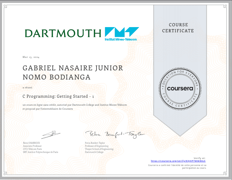 Certificat: C Programming: Getting Started - 1